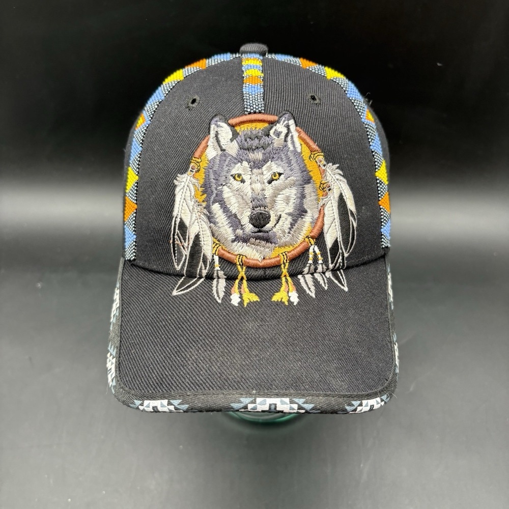 Hand Beaded Wolf Dreamcatcher Black Snapback Hat Native Style Strapback